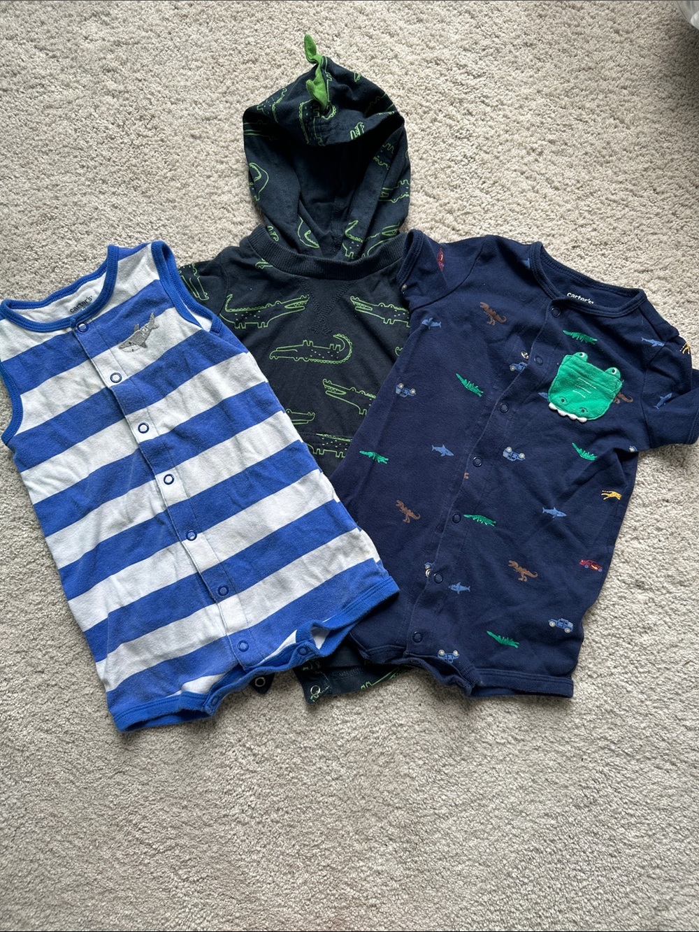 3-Pack Baby Romper Set - Navy, Blue & Black Crocodile Prints